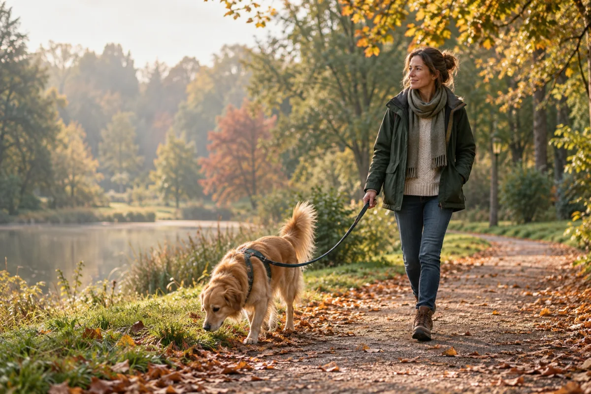 AI-generated editorial image of a woman walking a dog on a loose leash beside an autumn park path.