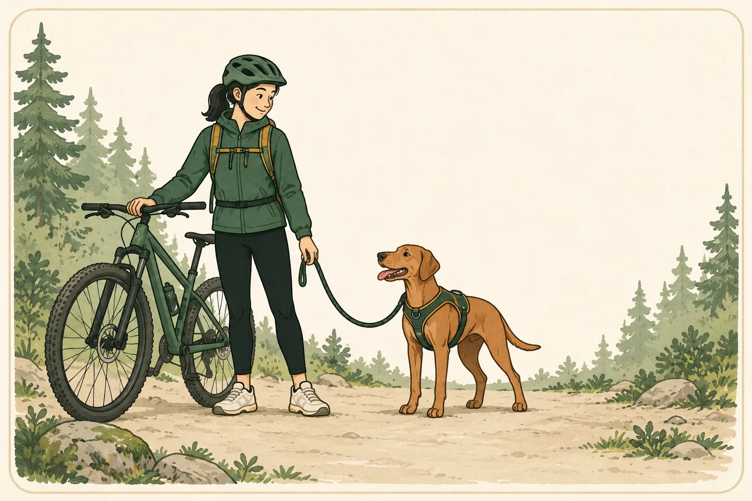 A helmeted handler stands beside a parked mountain bike while holding a dog’s separate walking leash well clear of the wheels.