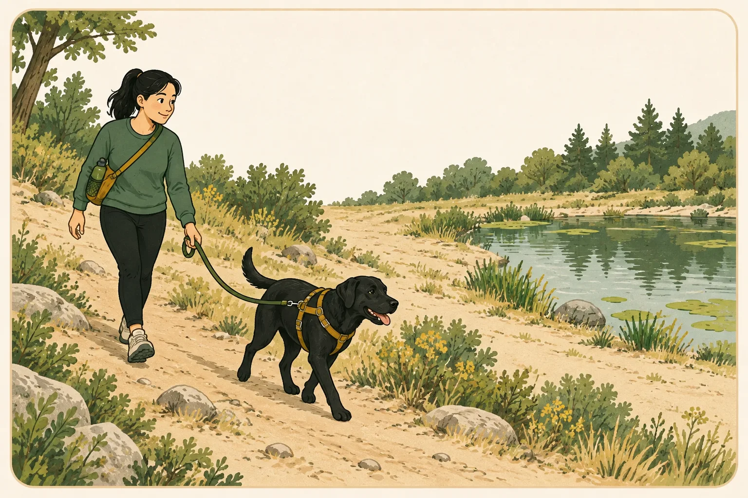 A person leads a black Labrador along a dry path away from a distant pond with green surface patches, carrying a water bottle.