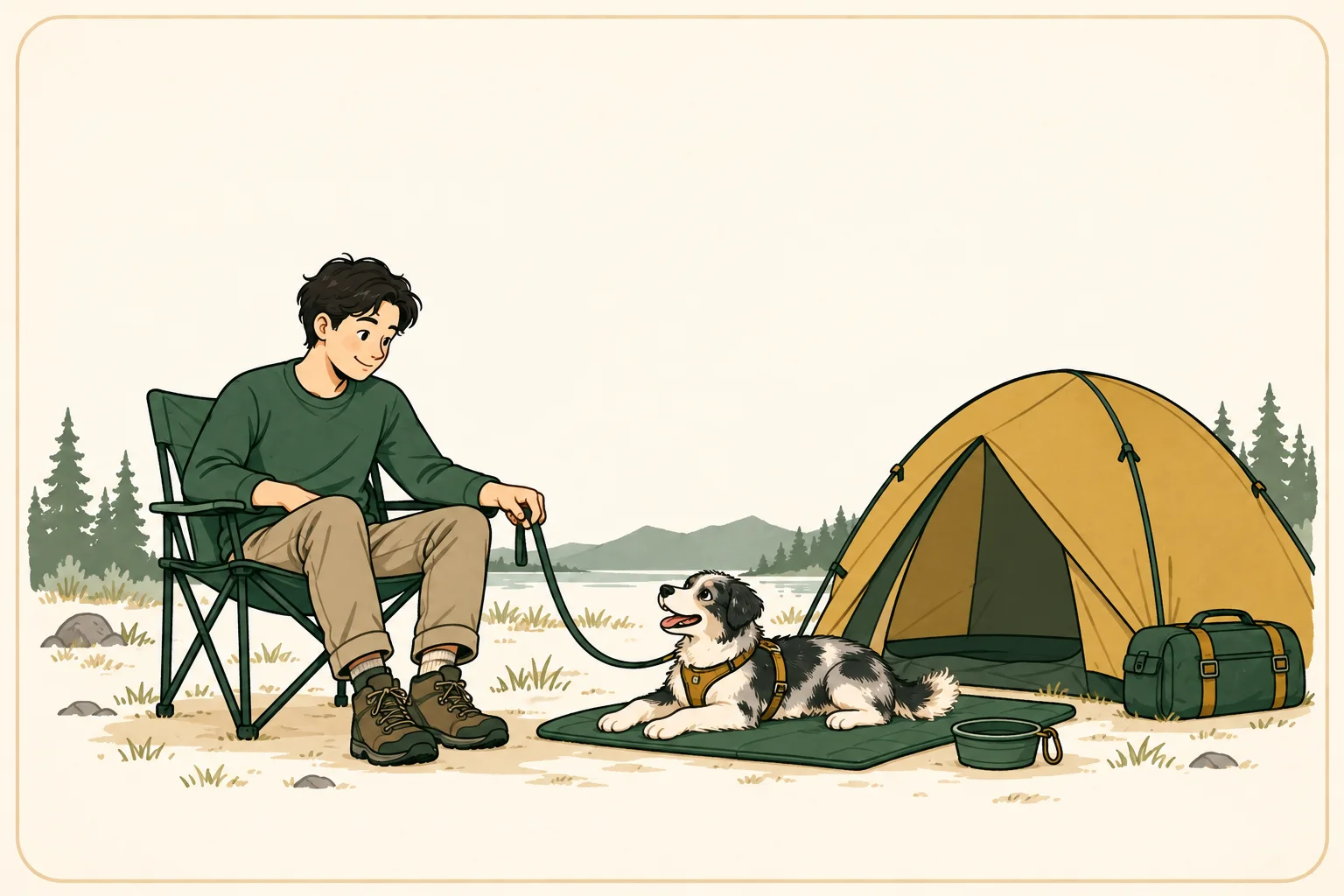 A camper holds a relaxed dog’s leash beside a mustard tent while the dog rests on a green mat near a water bowl.
