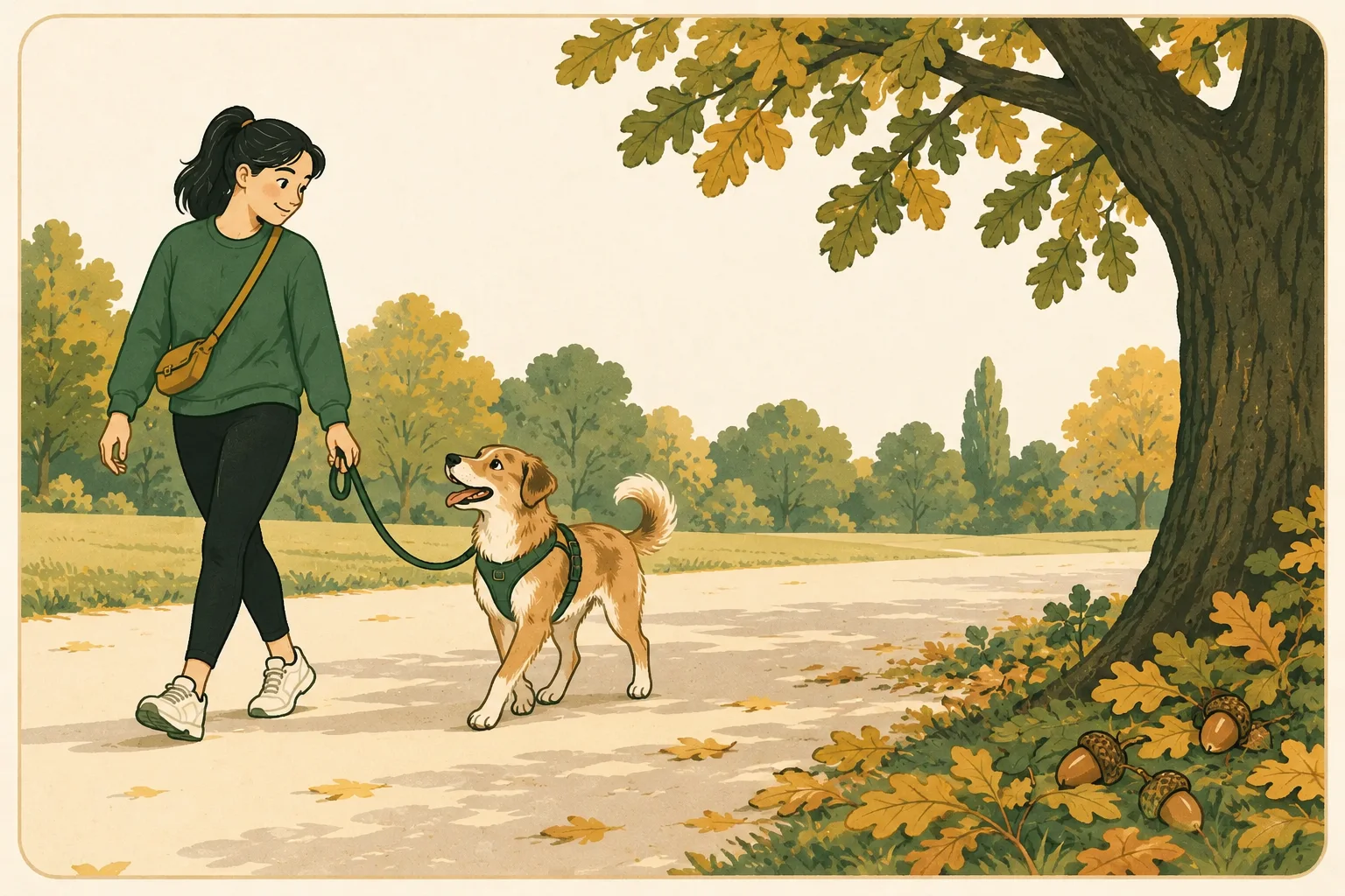 A person and calm leashed dog follow a clear autumn path, keeping away from fallen acorns beside an oak tree.