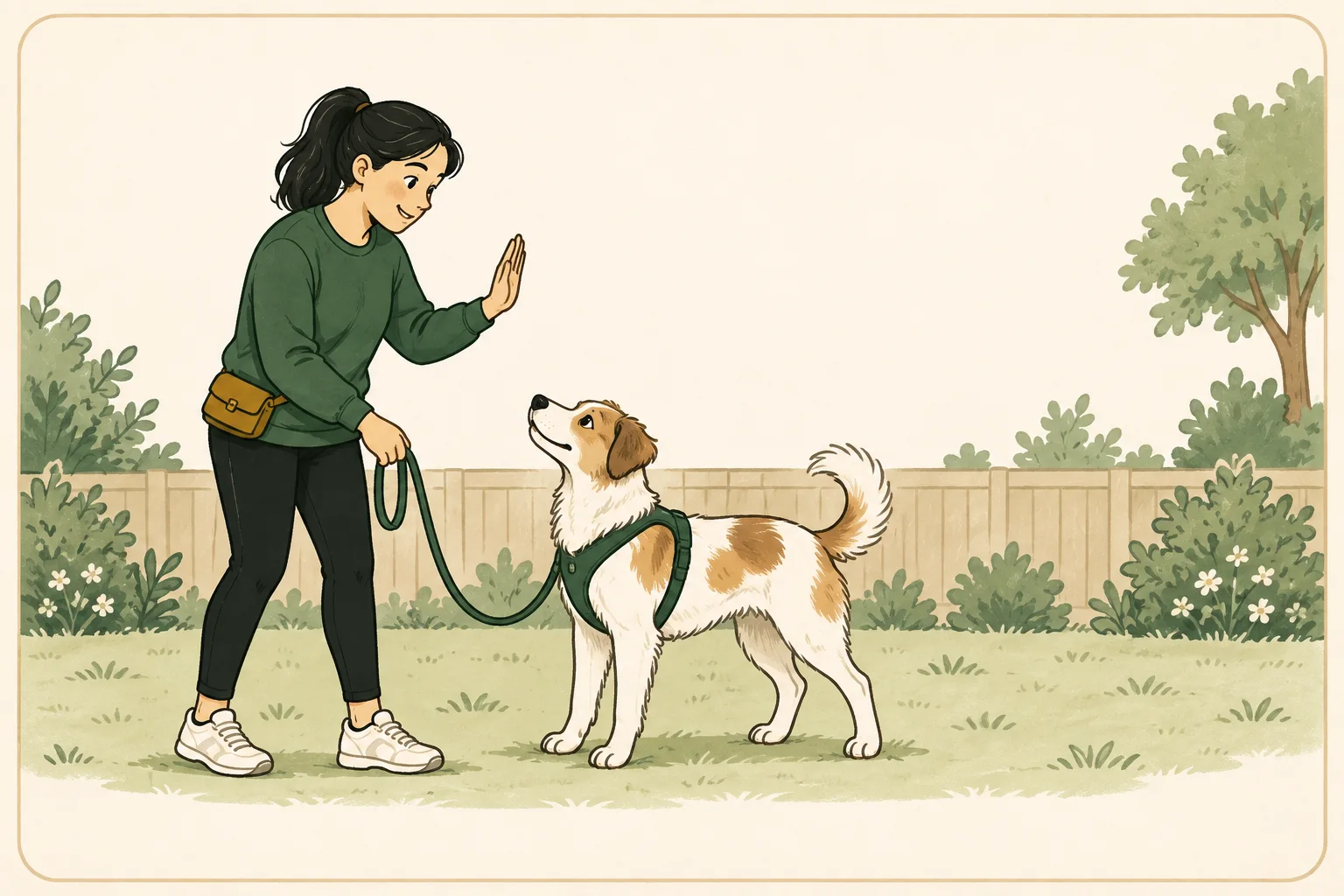 A white-and-tan dog on a loose harness leash looks at a handler giving a gentle hand signal in a quiet garden.