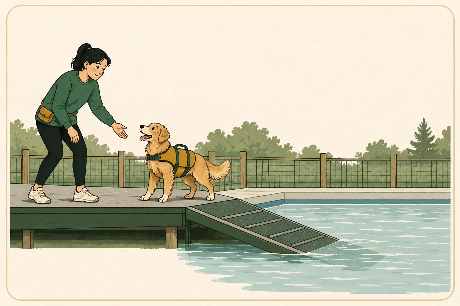 A dog in a mustard flotation vest stands with an instructor on a wide grippy ramp landing beside a quiet training pool.