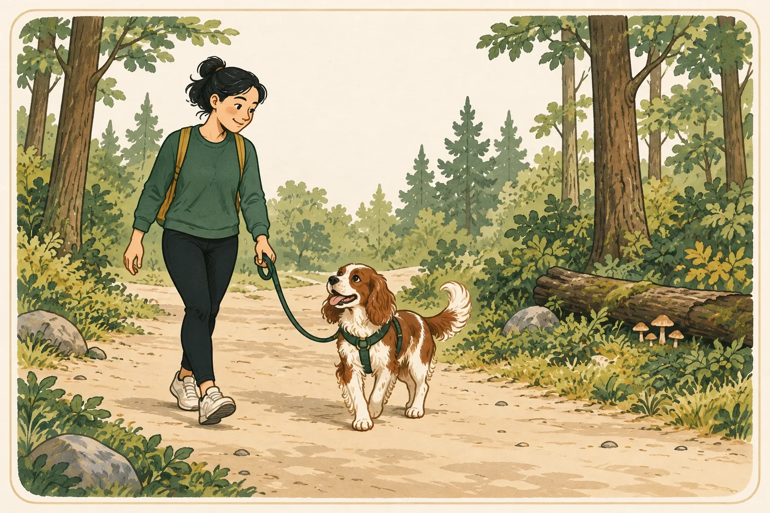 A red spaniel on a harness and leash looks toward its owner on a clear woodland path, away from mushrooms behind a fallen log.