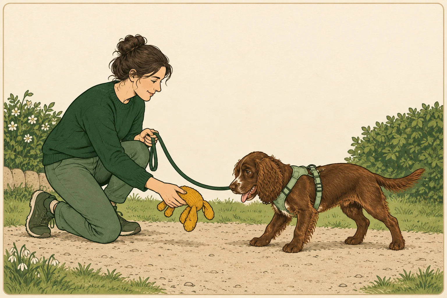 An owner calmly offers a soft toy close to the ground to a harnessed spaniel on a slack leash in a quiet garden.
