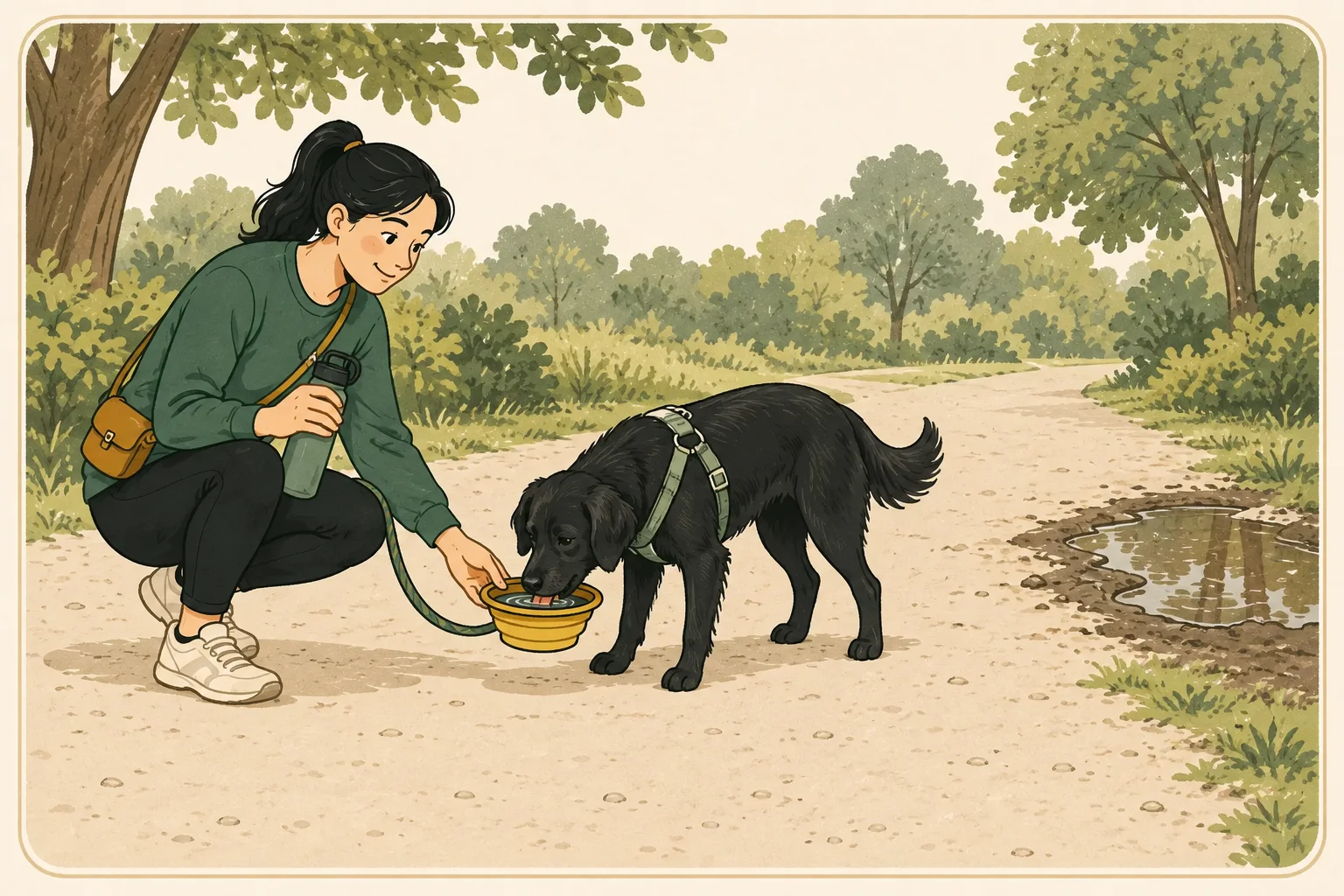 A person offers a personal bowl of fresh water to a black dog on a dry path, away from a muddy puddle.