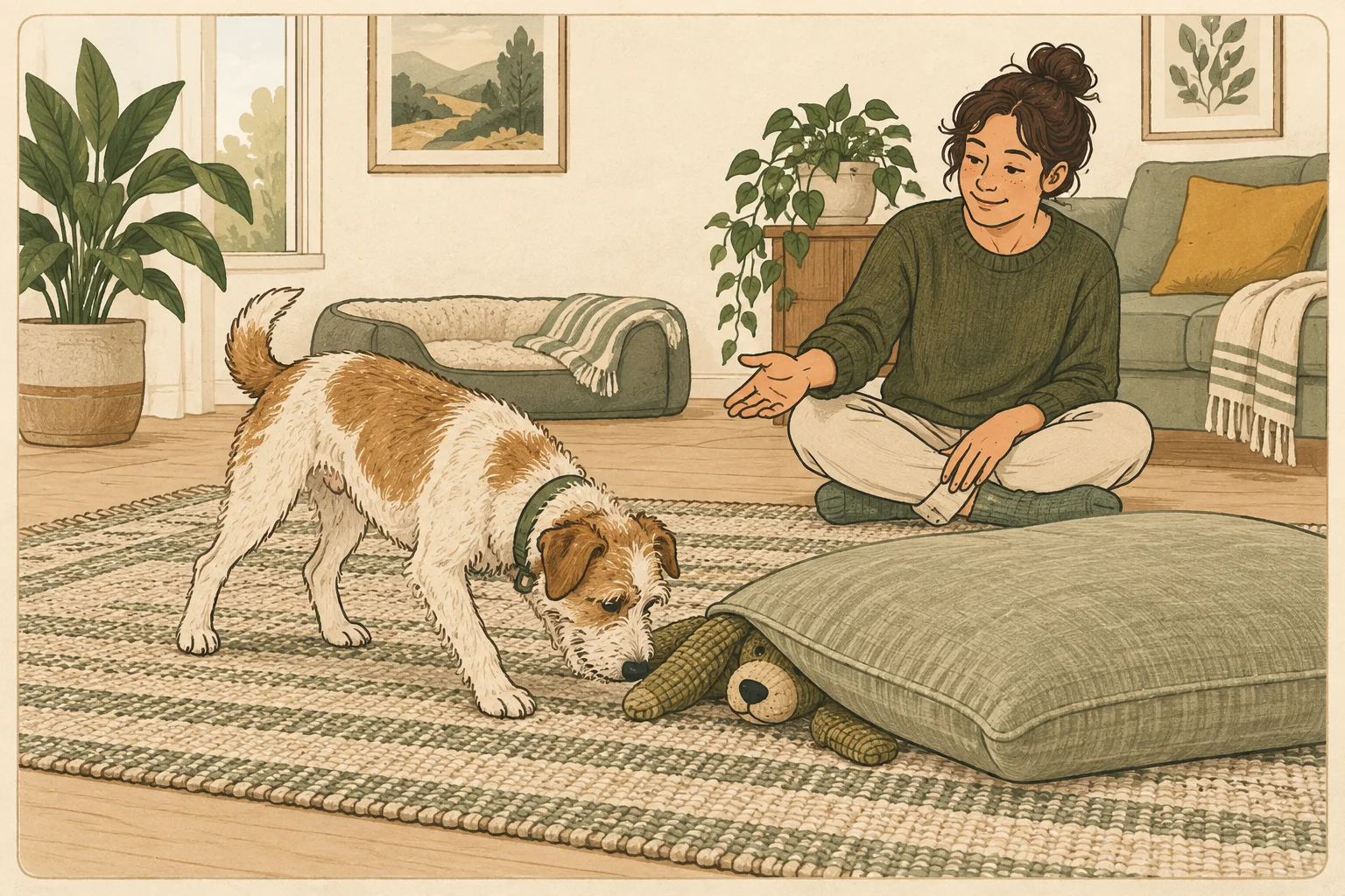 A terrier finds a fabric toy beside a cushion while an owner supervises on a nonslip rug.