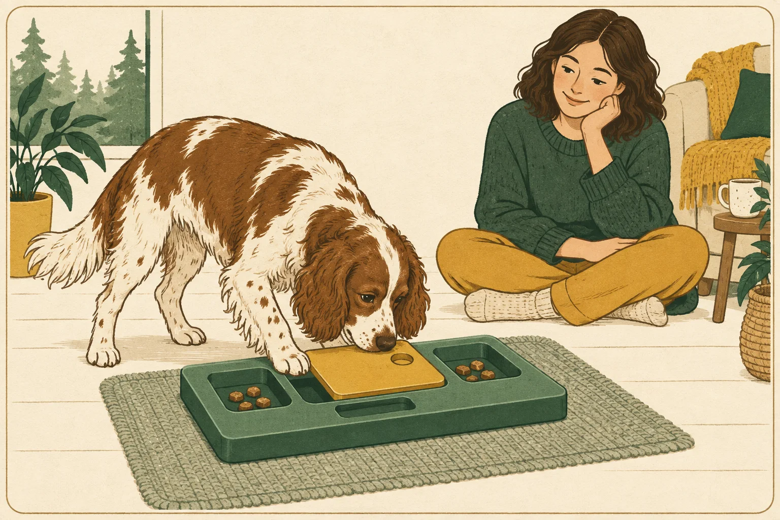 A spaniel explores an easy puzzle board on a nonslip mat while an owner supervises nearby.