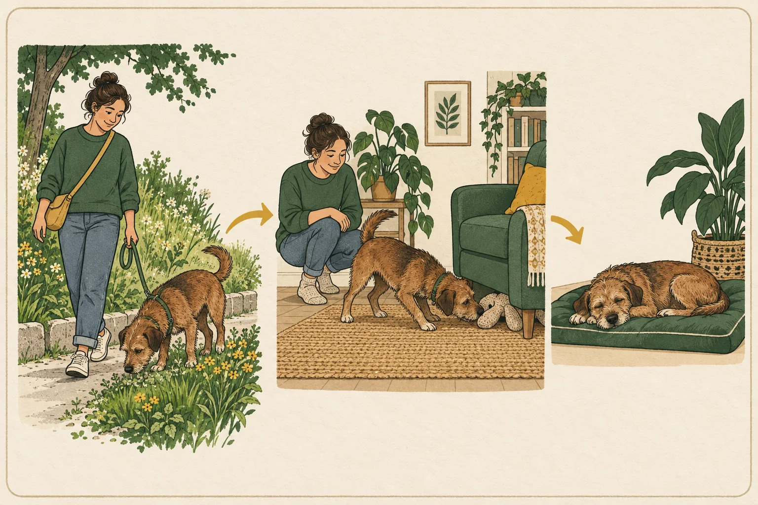 Three scenes show a dog sniffing on a walk, finding a familiar toy with supervision, and resting on a mat.
