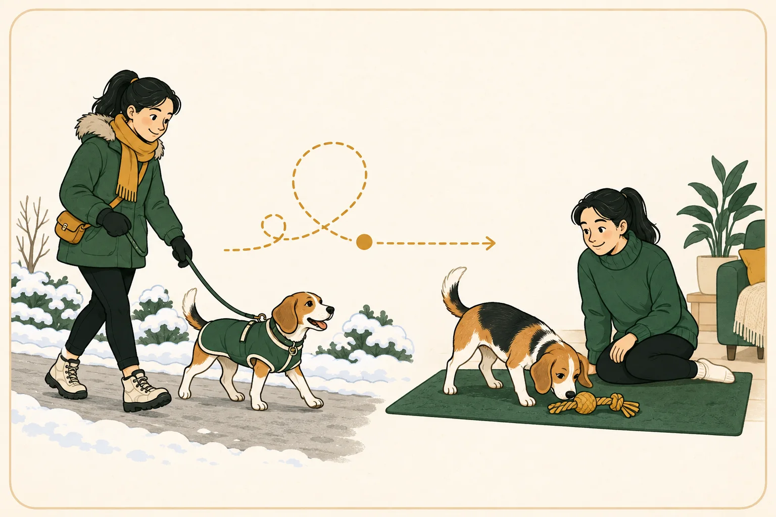 A beagle and owner on a cleared winter path, paired with a supervised indoor scent game.