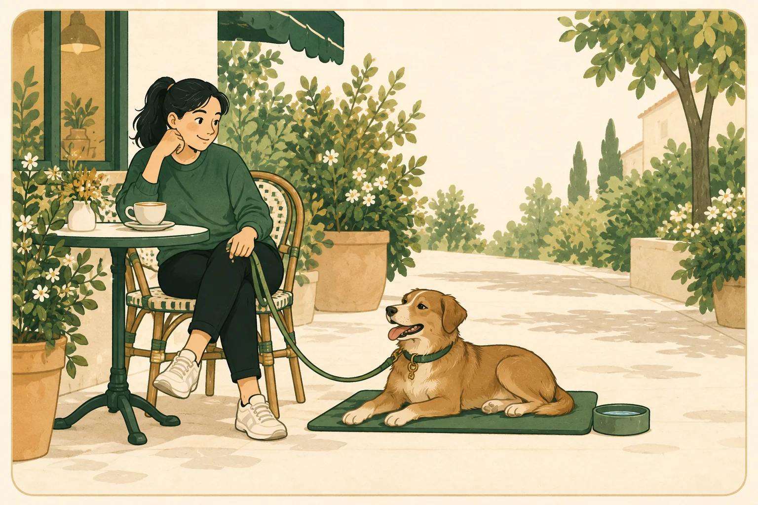 An adult holds a slack leash at an outdoor cafe table while a dog rests on a mat beside a water bowl.