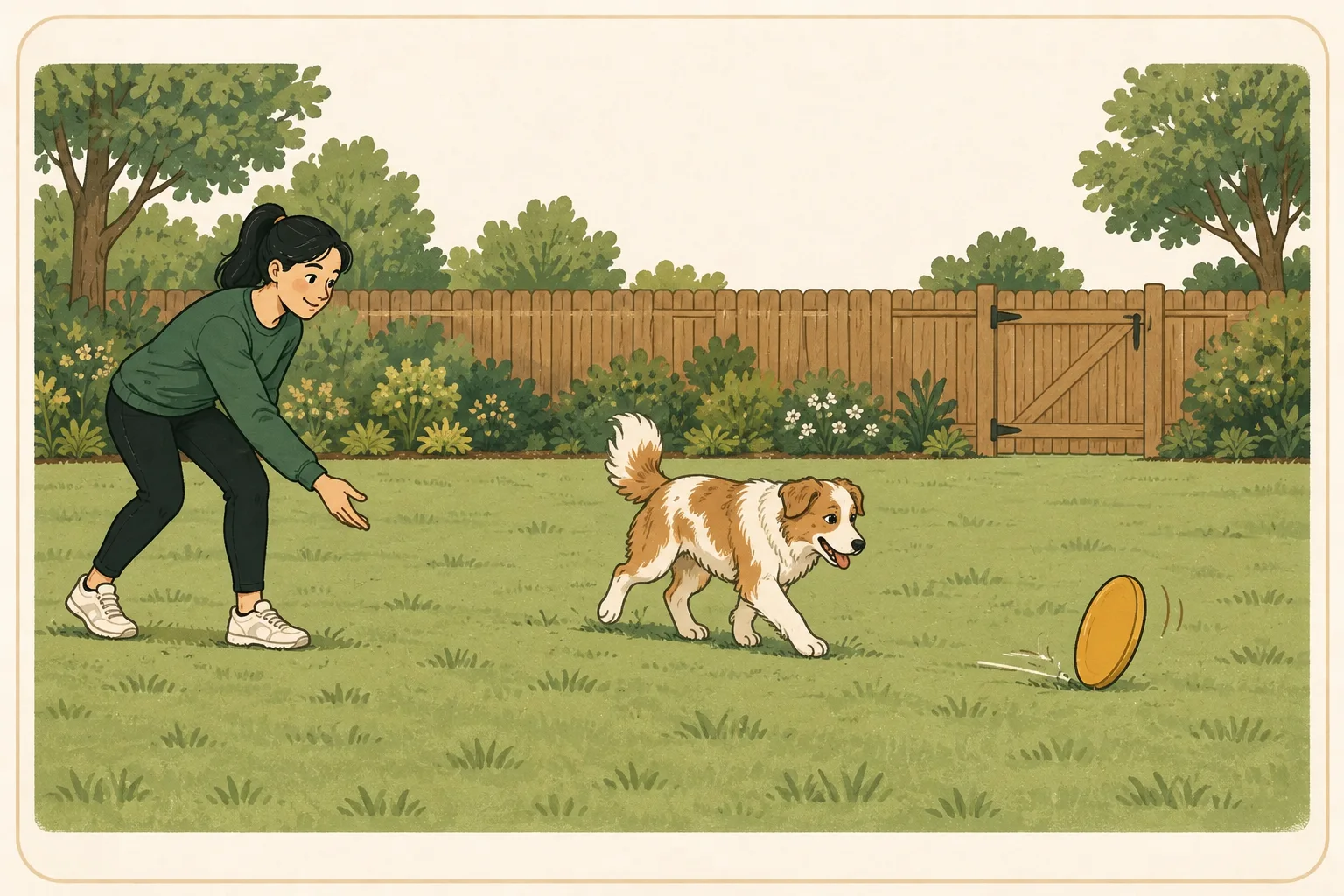 A dog follows a mustard disc rolling on its edge across level fenced grass while a handler practices a controlled low release.