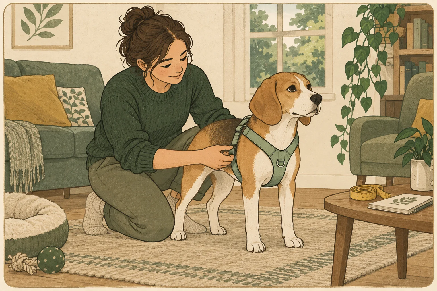 An owner checks the side strap of a calm standing beagle’s chest harness, with a measuring tape and instruction booklet nearby.