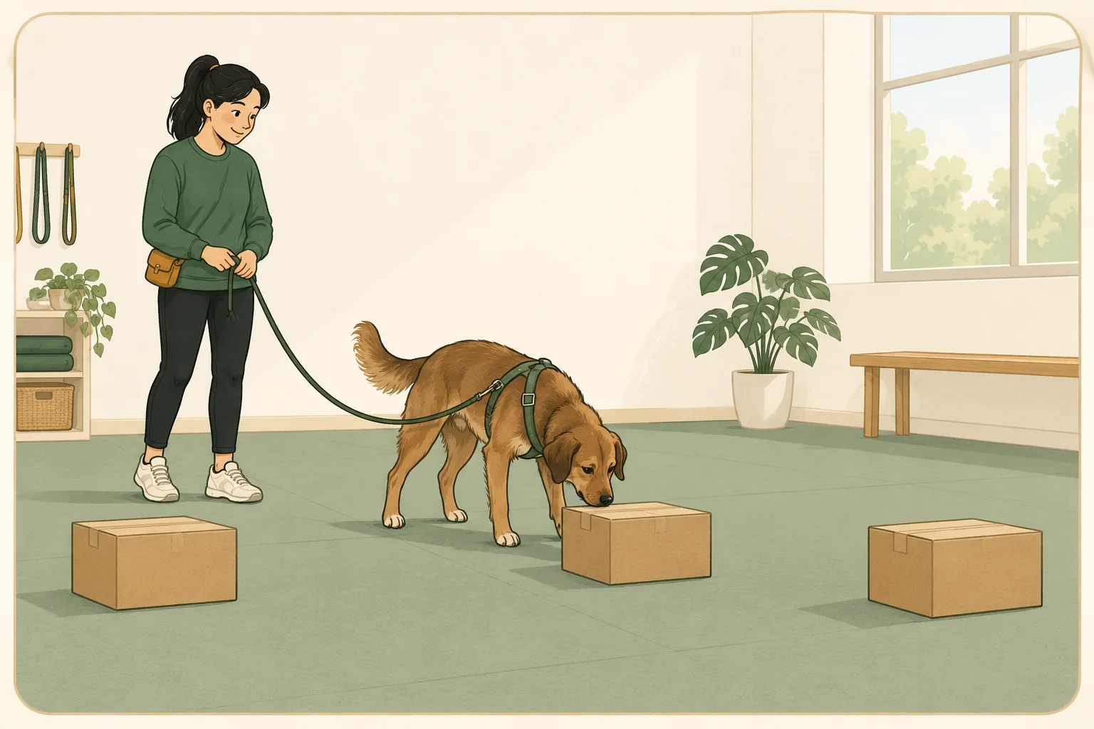 A brown dog sniffs a row of closed cardboard search boxes while its handler watches with a slack leash in a quiet training room.