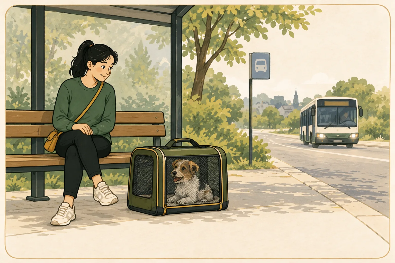 A person waits at an outdoor bus stop beside a ventilated carrier containing a small terrier, with a bus in the distance.