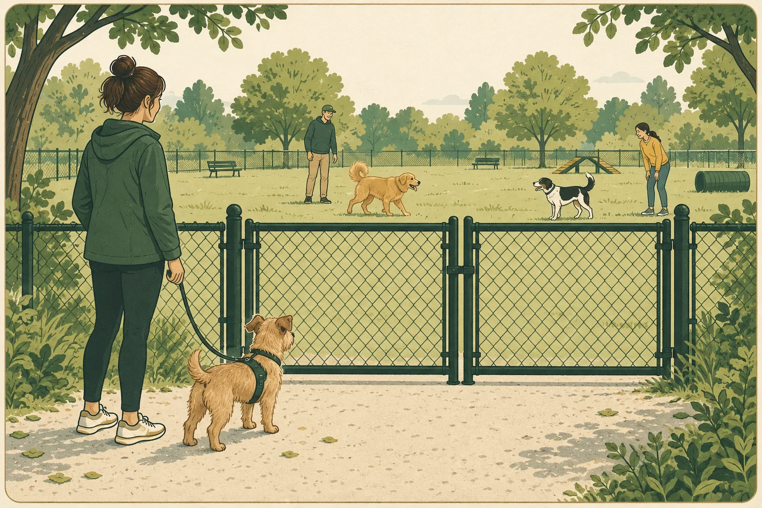 An owner and harnessed terrier wait outside a closed dog park gate while observing dogs and their attentive owners inside.