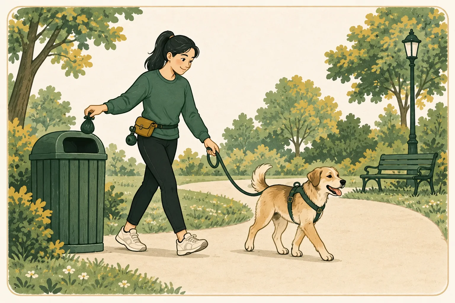 A walker holds a tied dog-waste bag beside a park bin while a tan dog waits on a slack harness leash.