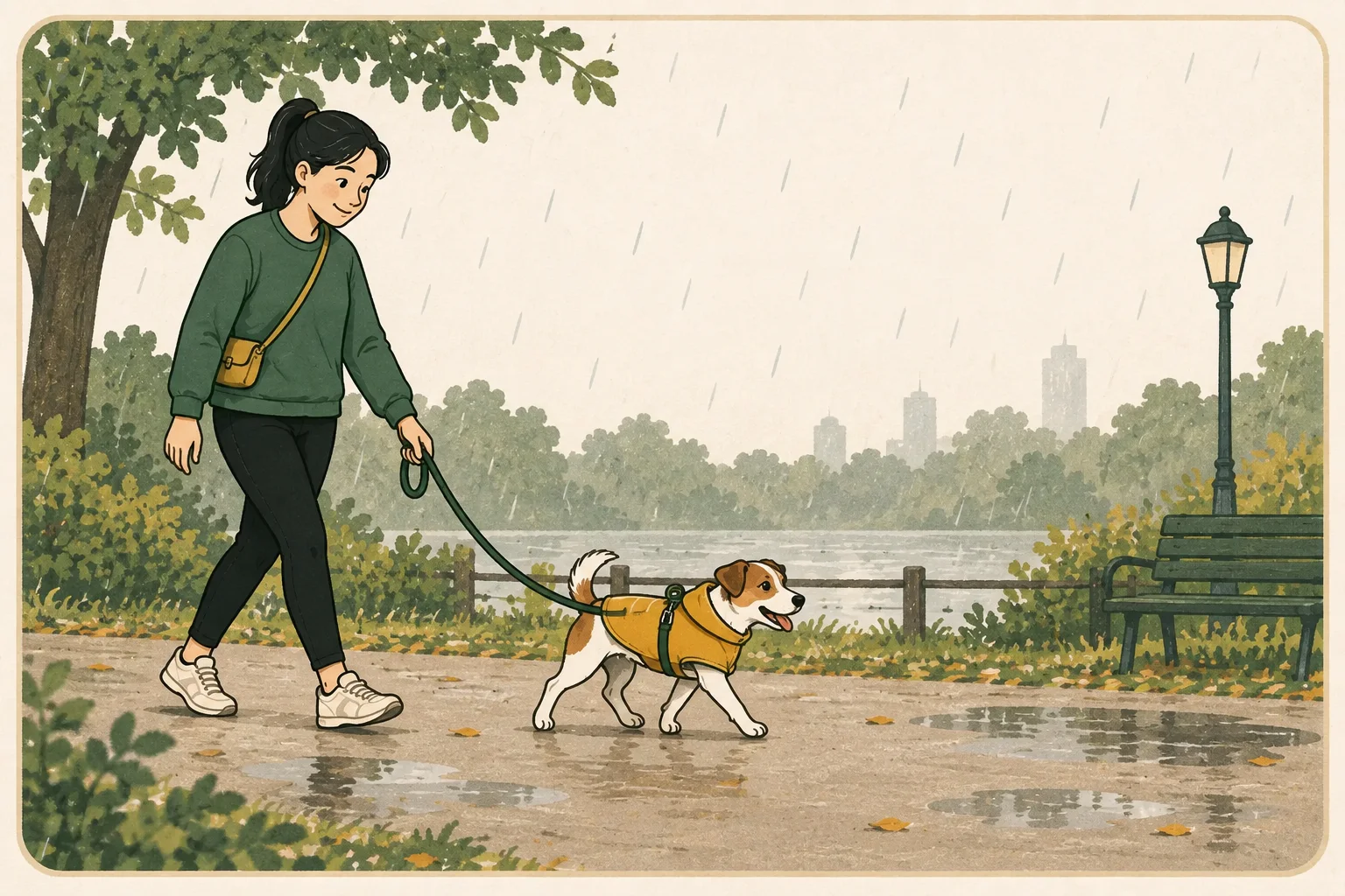 A small short-haired dog wears a mustard rain shell with its head and legs free, walking comfortably on a slack leash in light rain.