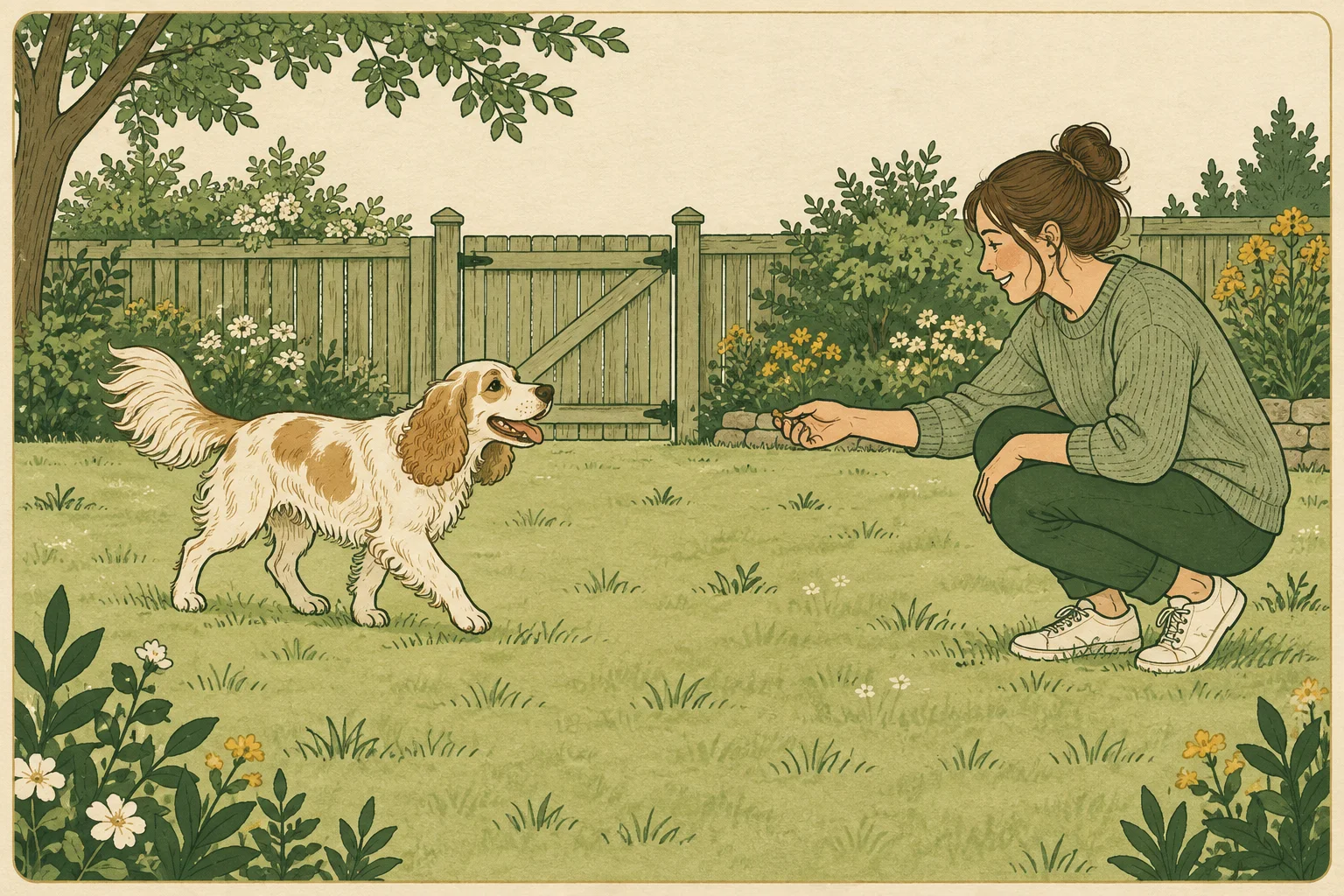 A spaniel approaches an owner offering a reward in a quiet garden with a closed secure fence.