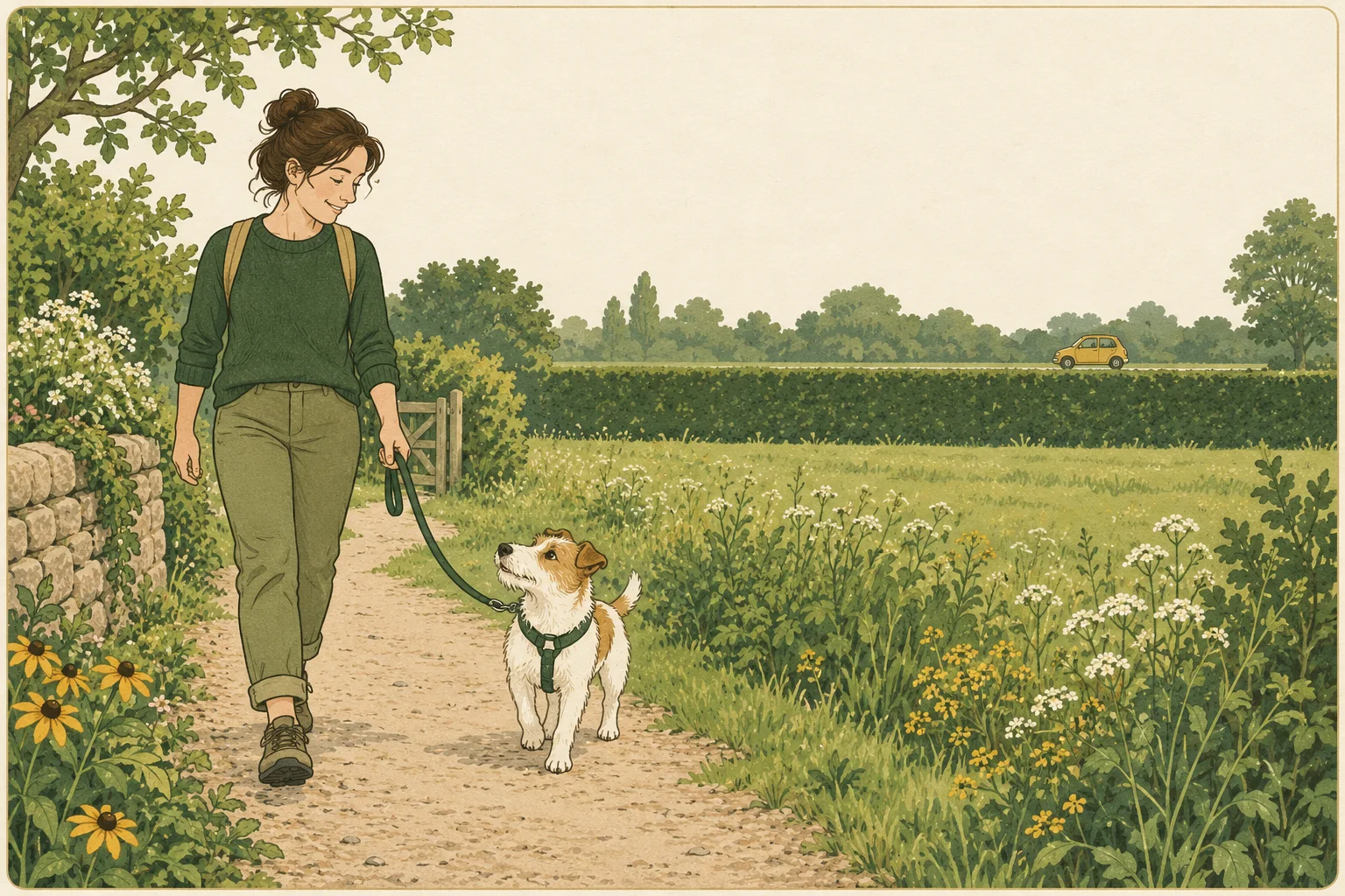 A harnessed terrier and owner walk along a quiet garden path separated by grass and a hedge from a distant road.
