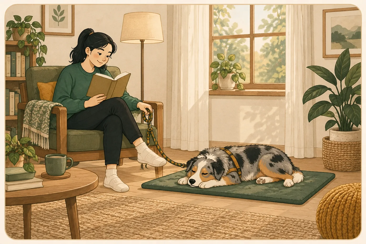 A dog rests with its head on its paws on a sage mat beside a seated person in a quiet living room.