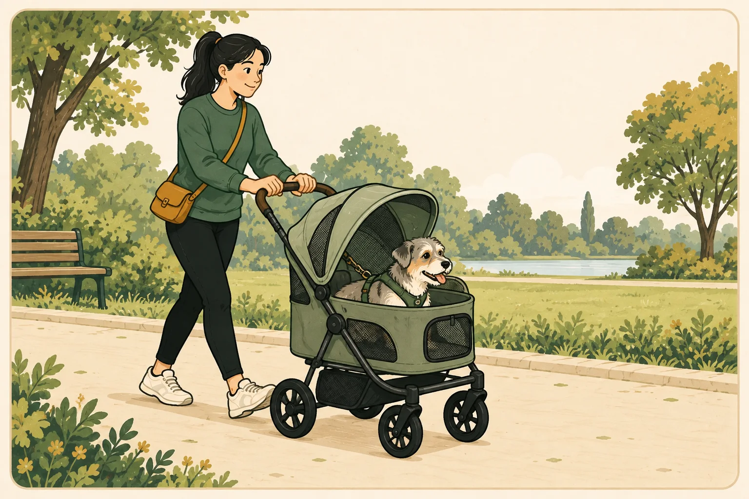 A small gray terrier sits comfortably inside a roomy sage pet stroller as its person walks along a level park path.