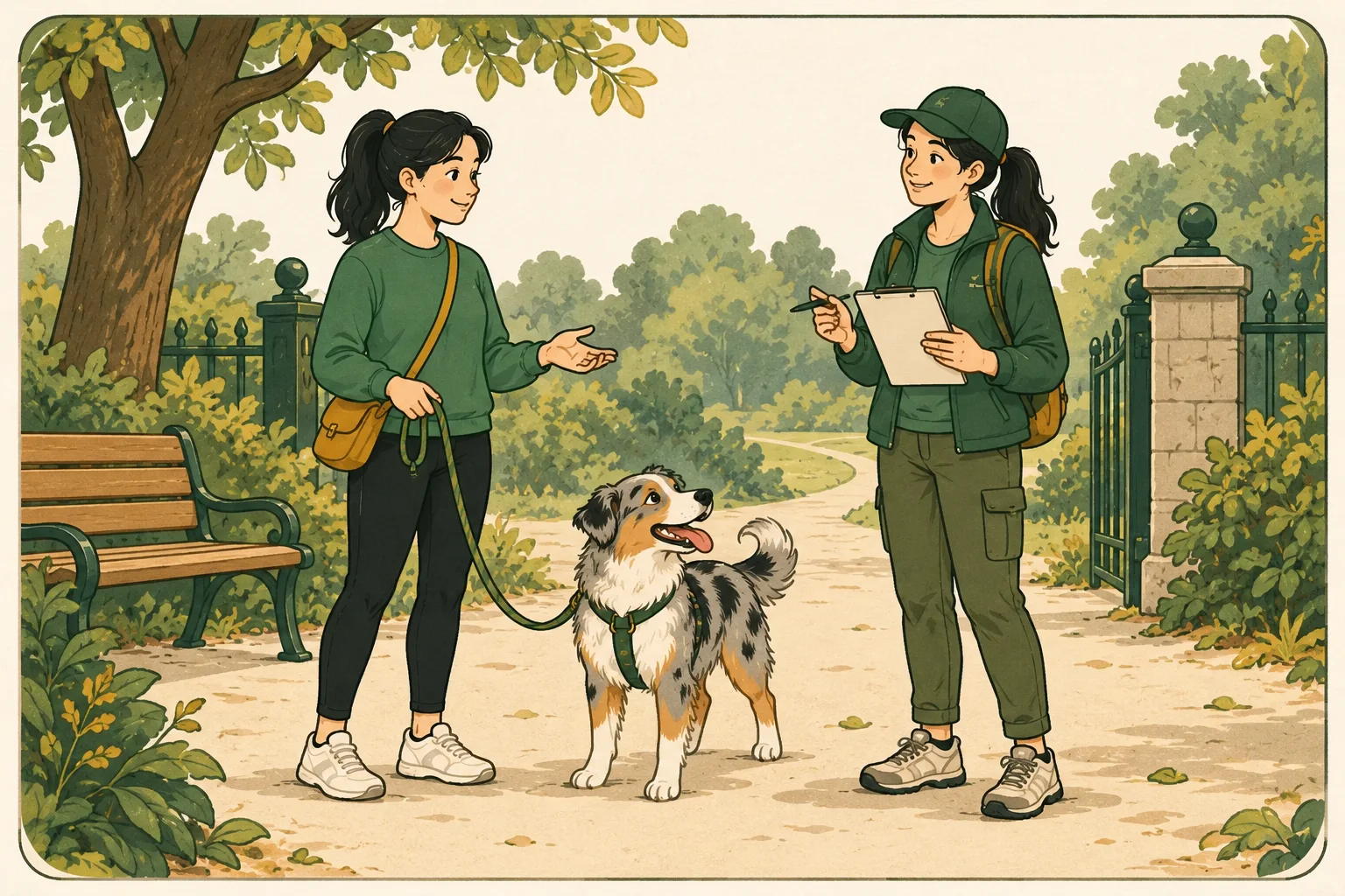 A dog owner and prospective walker discuss a blank checklist beside a calmly leashed dog at a park entrance.