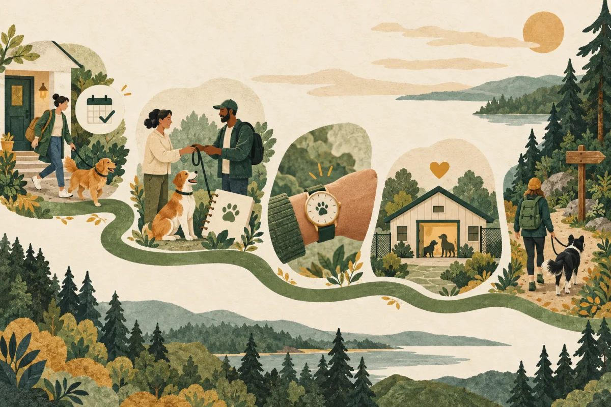 Illustration of five dog-walking needs: daily routine, shared care, watch recording, charity support and trail discovery.
