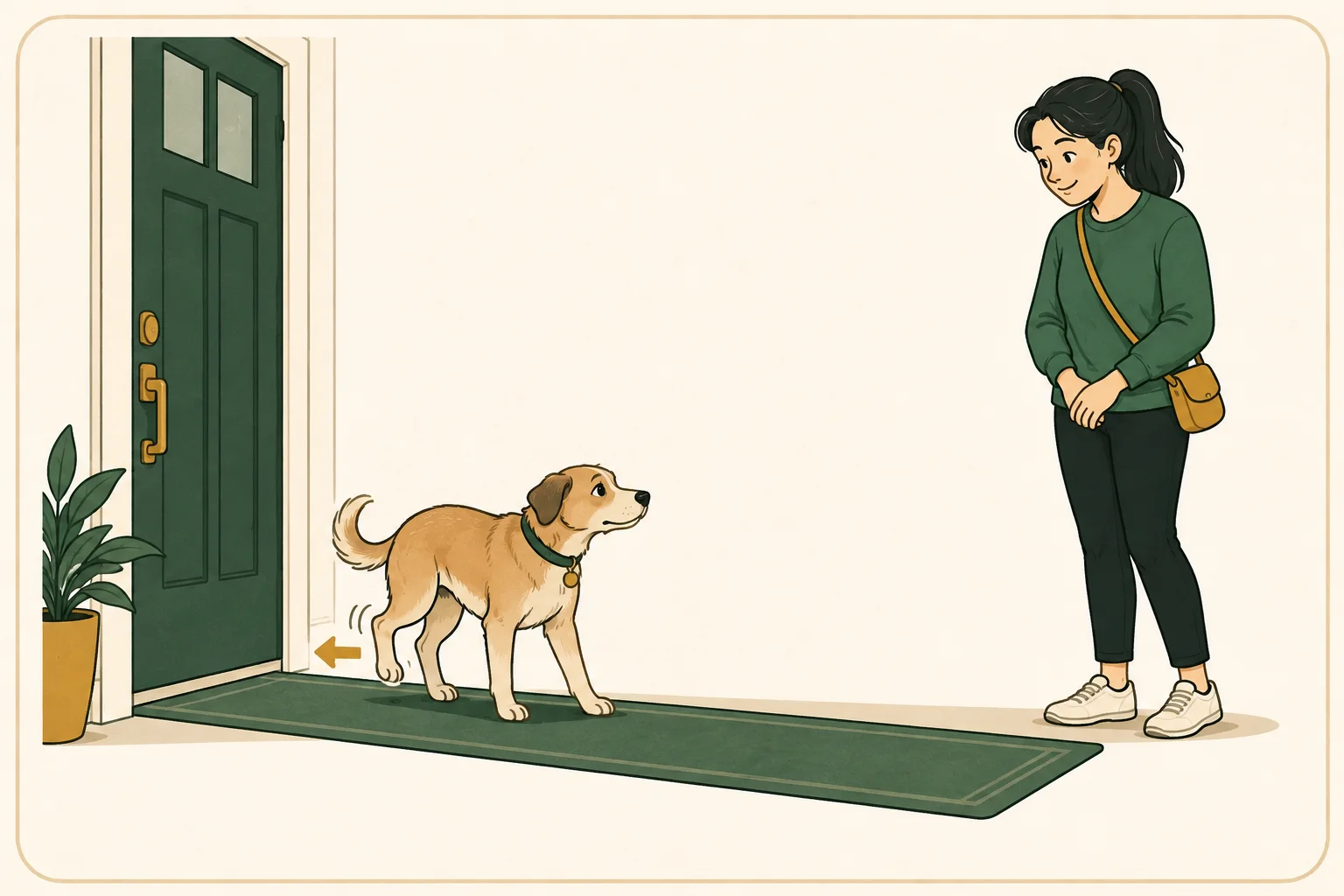 An owner gives a small dog space as it steps backward on a nonslip runner near a doorway.