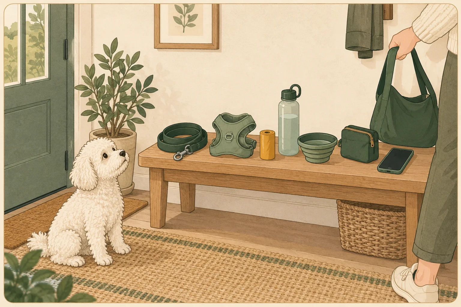 A small white dog waits beside a bench holding a leash, harness, waste bags, water bottle, bowl, pouch and phone.