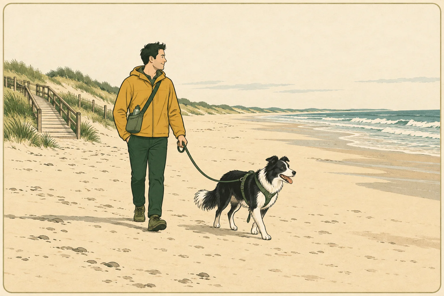 An owner walks a harnessed collie on a slack leash across a wide beach, away from the water and near a boardwalk exit.