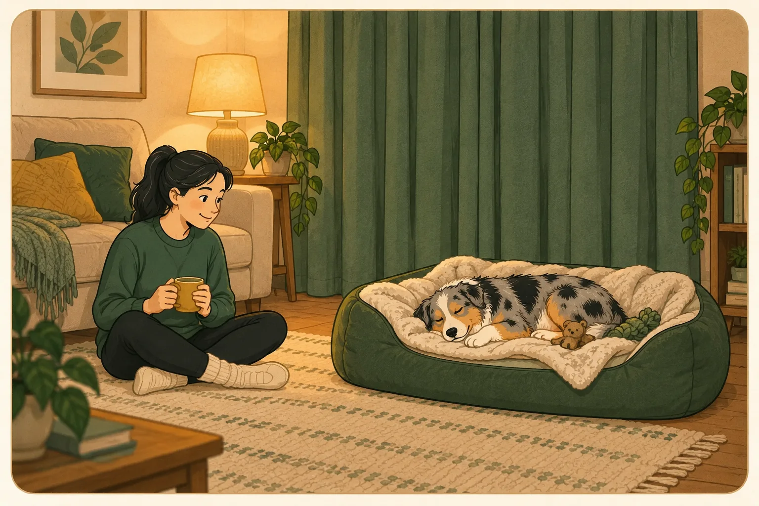 A person sits near a dog resting in an open cushioned bed in a softly lit room with the curtains closed.