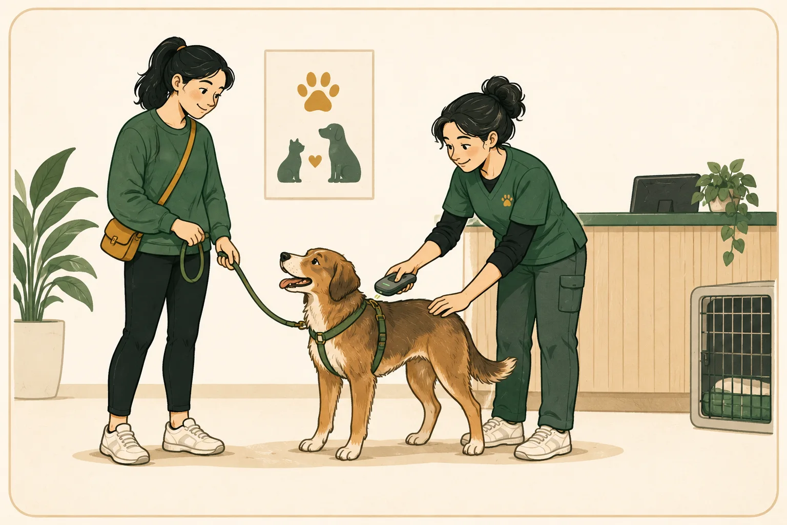 A shelter staff member scans a calm brown dog for a microchip while the finder holds its harness leash nearby.