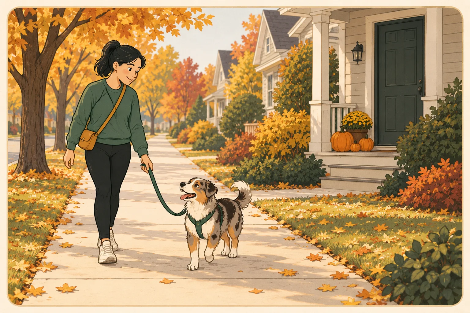 A person walks a dog in its normal harness along a quiet daylight neighborhood path, with unlit pumpkins on a distant porch.
