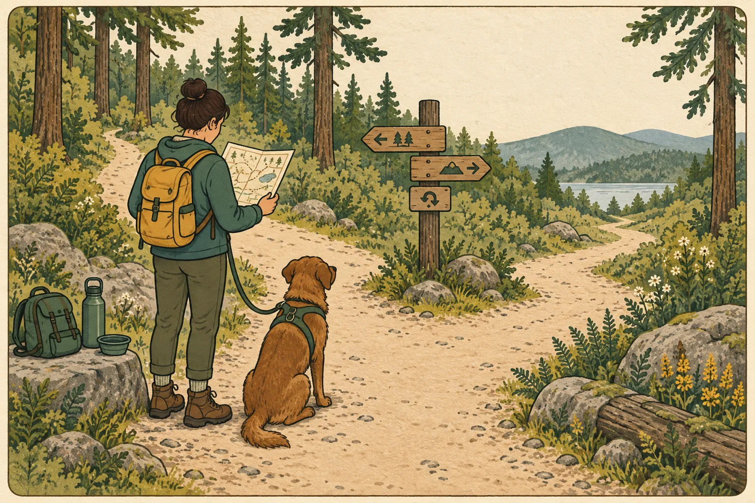 An owner checks a trail map beside a harnessed dog on a slack leash at an easy woodland junction.