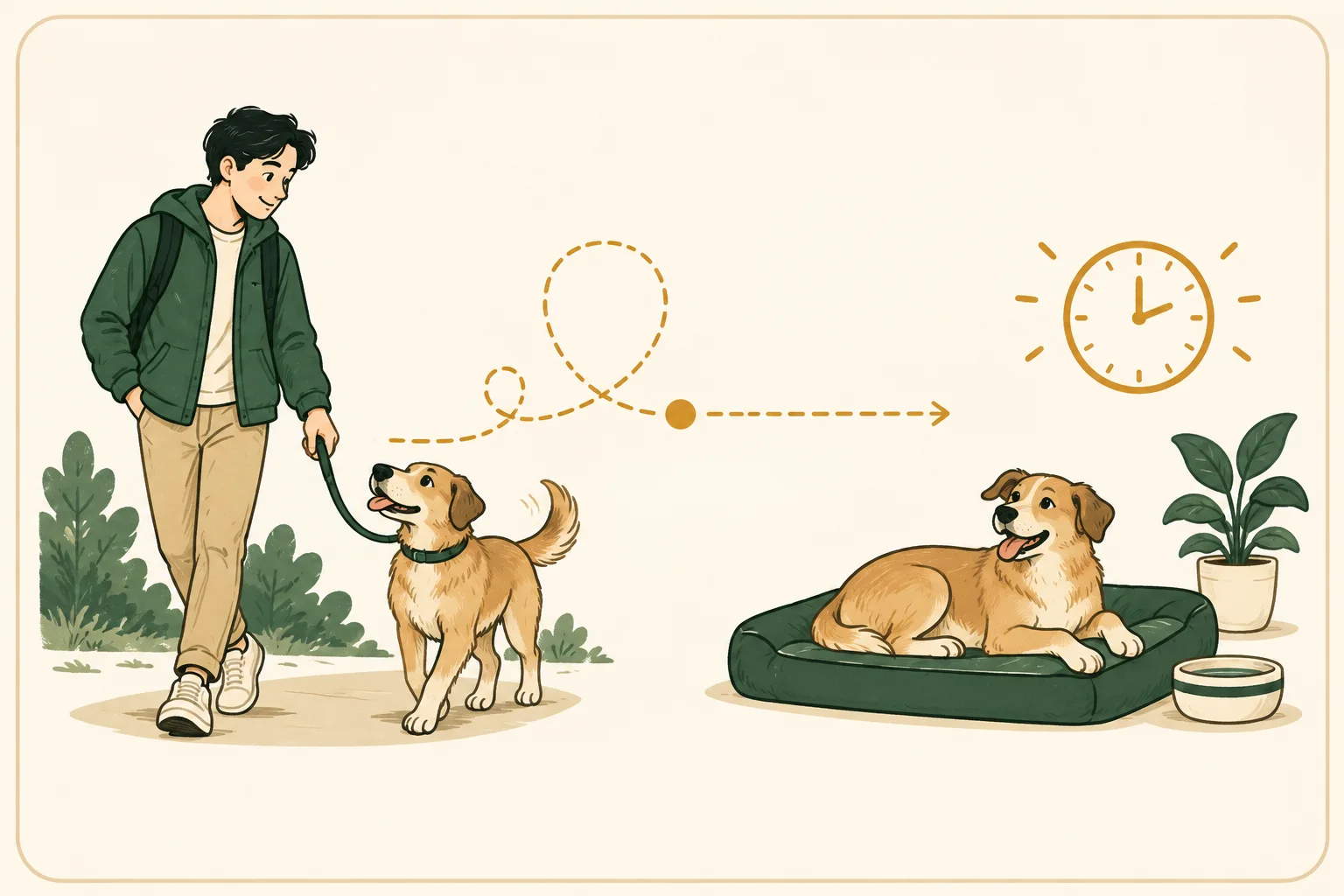 An owner walking a dog before work, followed by the dog resting beside fresh water at home.