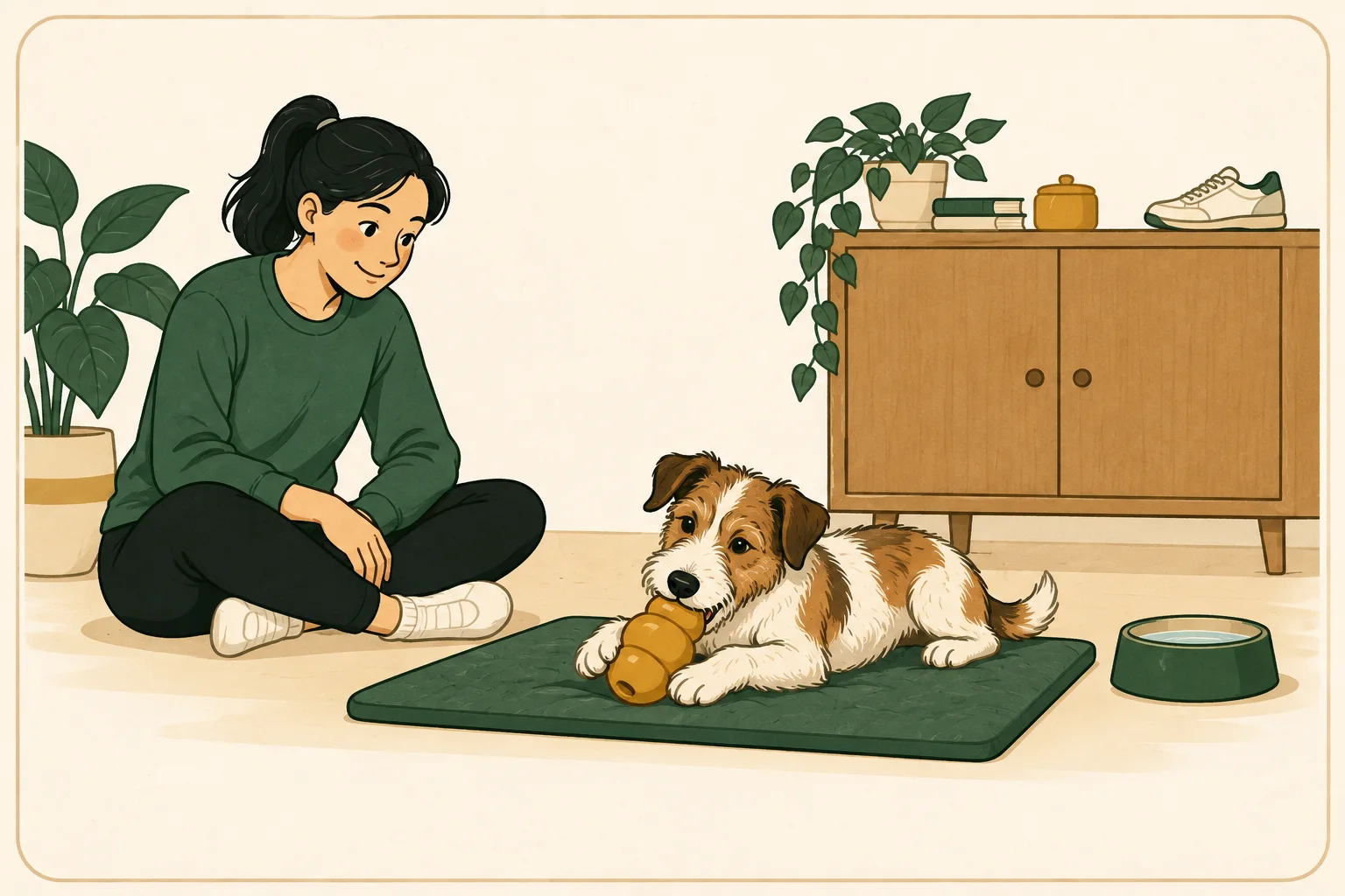 An owner supervises a terrier chewing a large rubber dog toy on a mat, with household items stored out of reach.