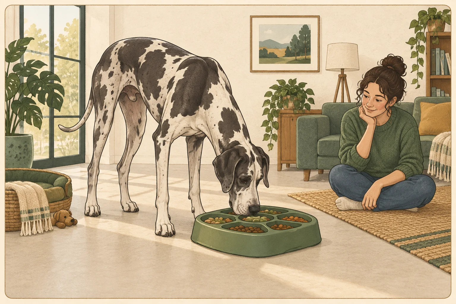A Great Dane investigates a broad floor-level food puzzle while an owner watches nearby.