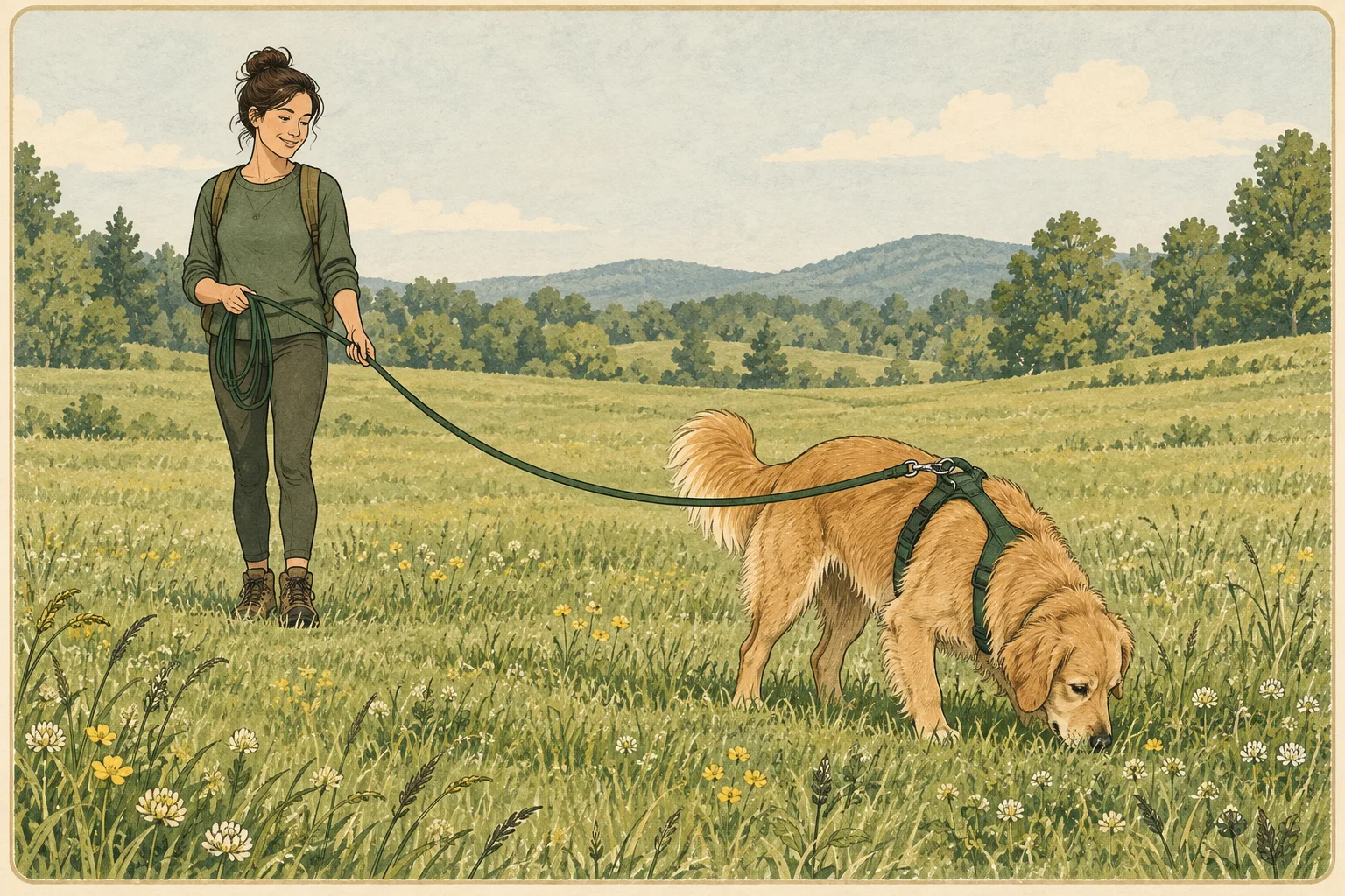 A dog sniffs an open meadow on a slack training line attached to a back-clip harness while an owner supervises.