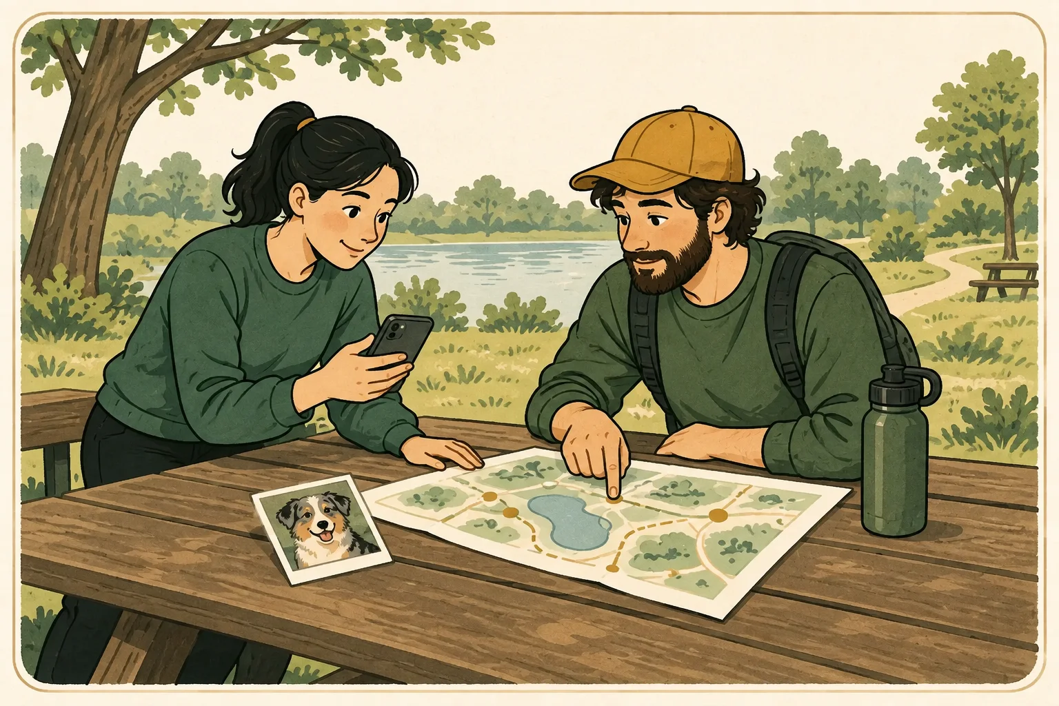 Two people coordinate a search at a park table with a phone, a simple map and a printed photograph of a dog.