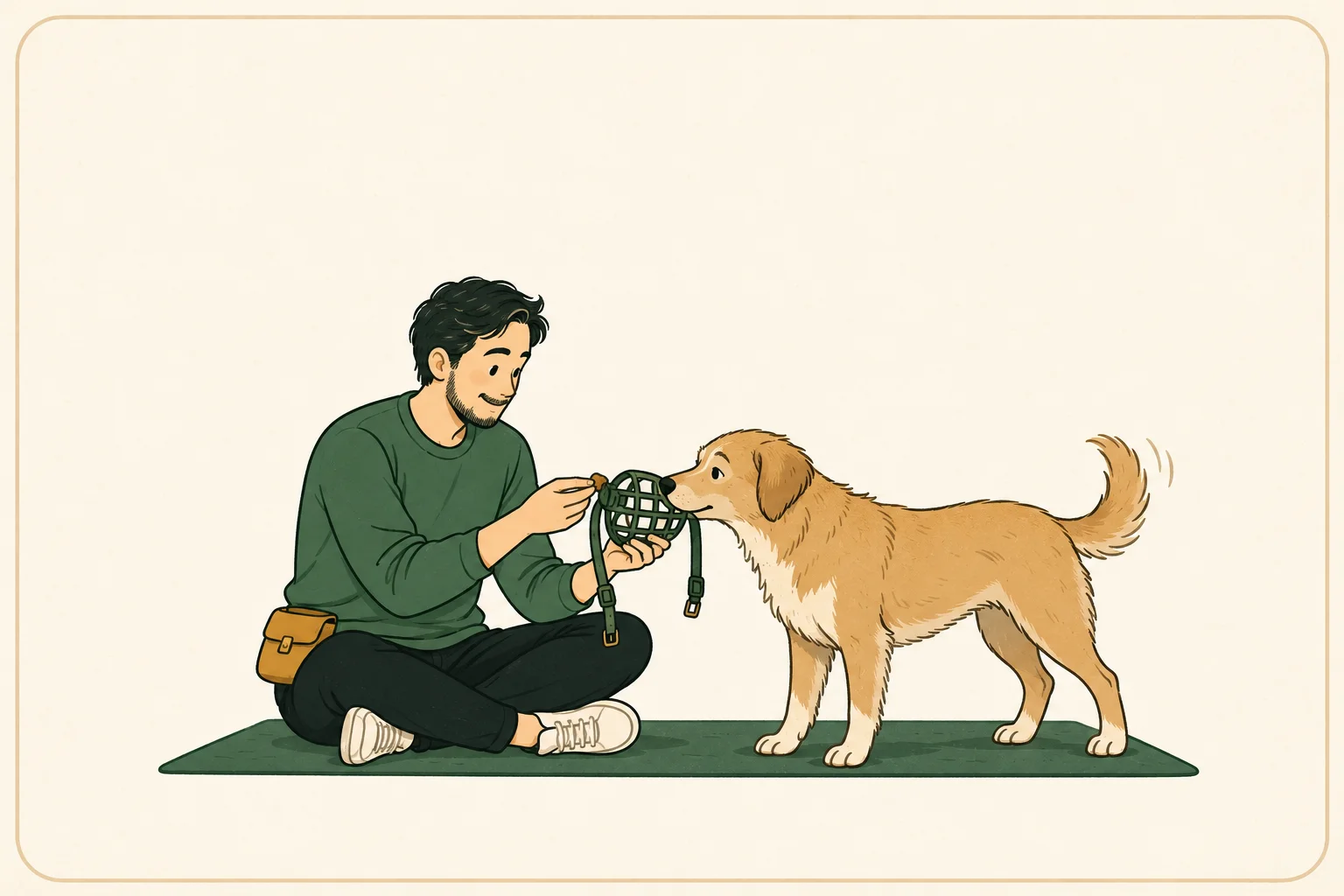 A man offers a treat while a calm tan dog approaches an open basket muzzle with its straps unfastened.