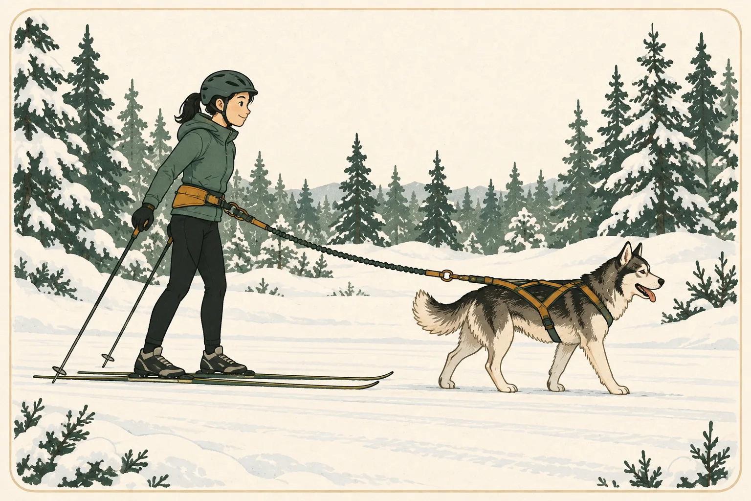 A cross-country skier pauses on a flat snowy trail behind a dog in a pulling harness connected to the skier’s belt.