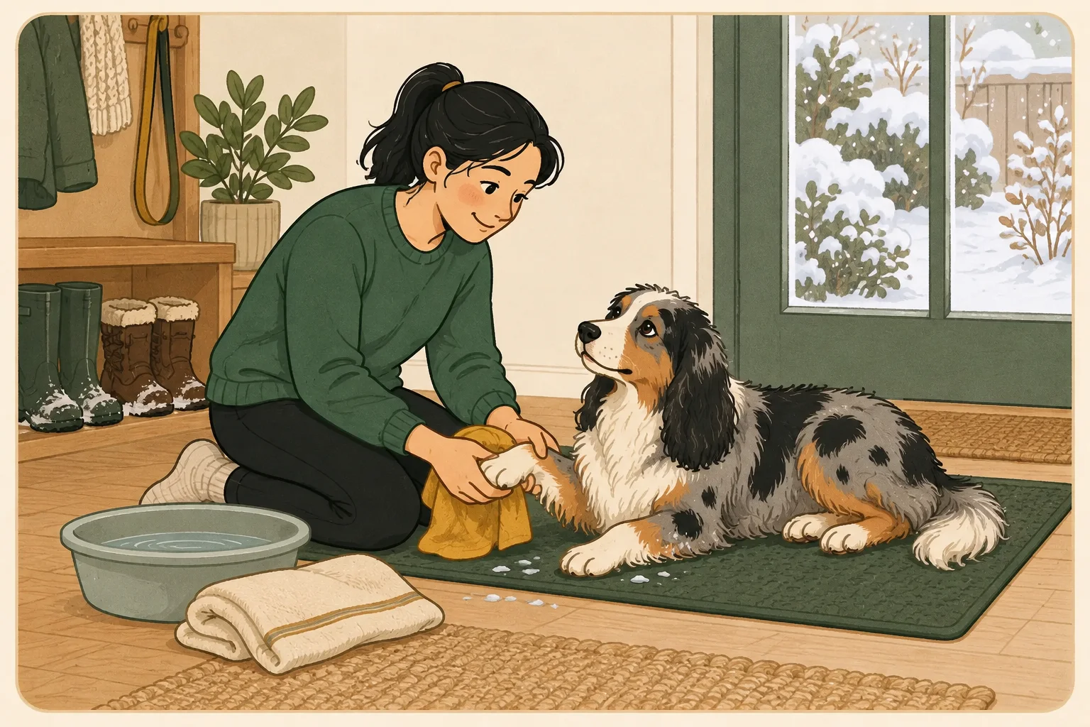 A person gently wraps a damp towel around a spaniel’s front paw on an indoor mat, with snow visible outside.