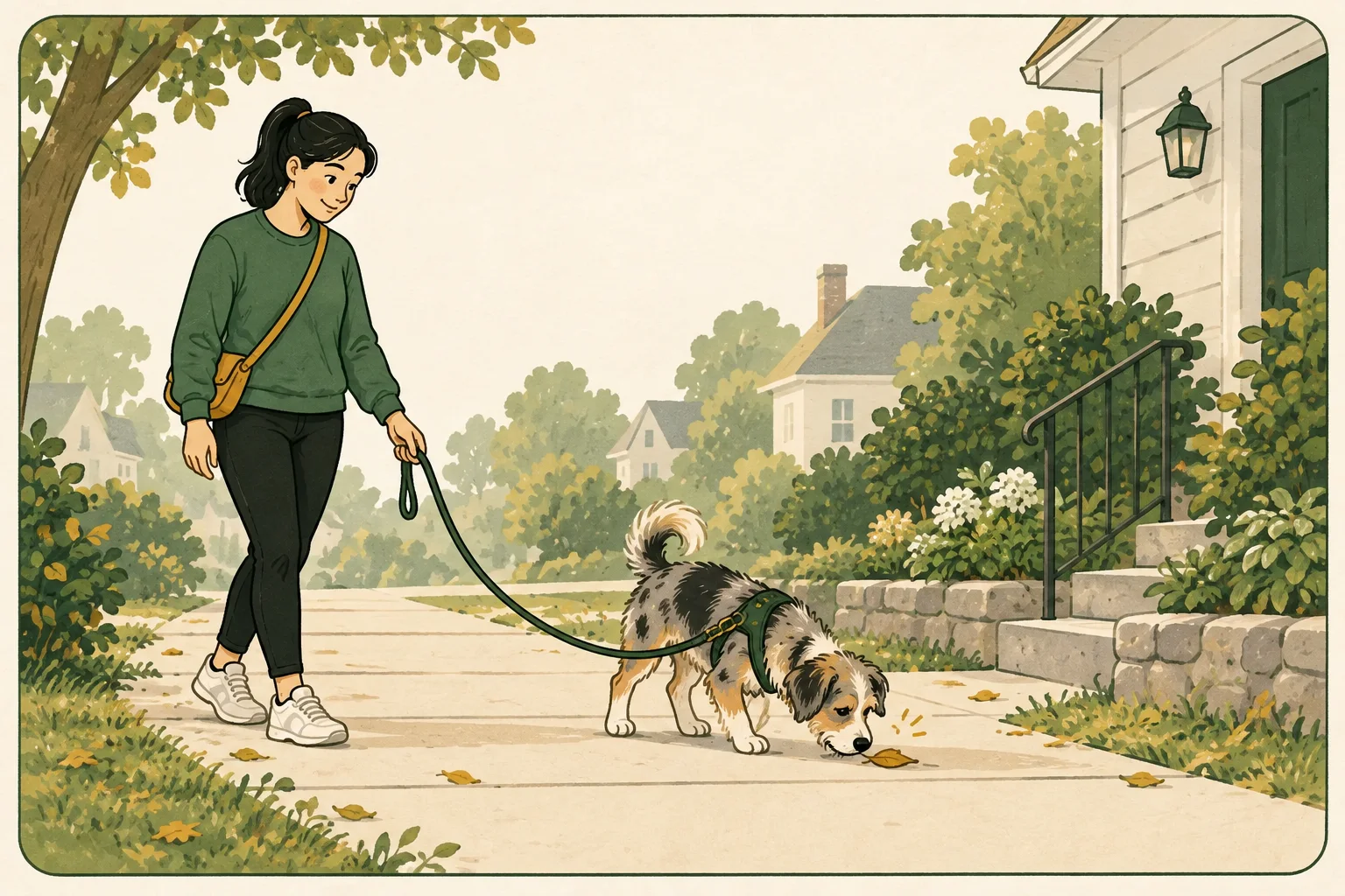 An adopter patiently accompanies a small rescue dog sniffing beside a quiet residential path on a slack leash.