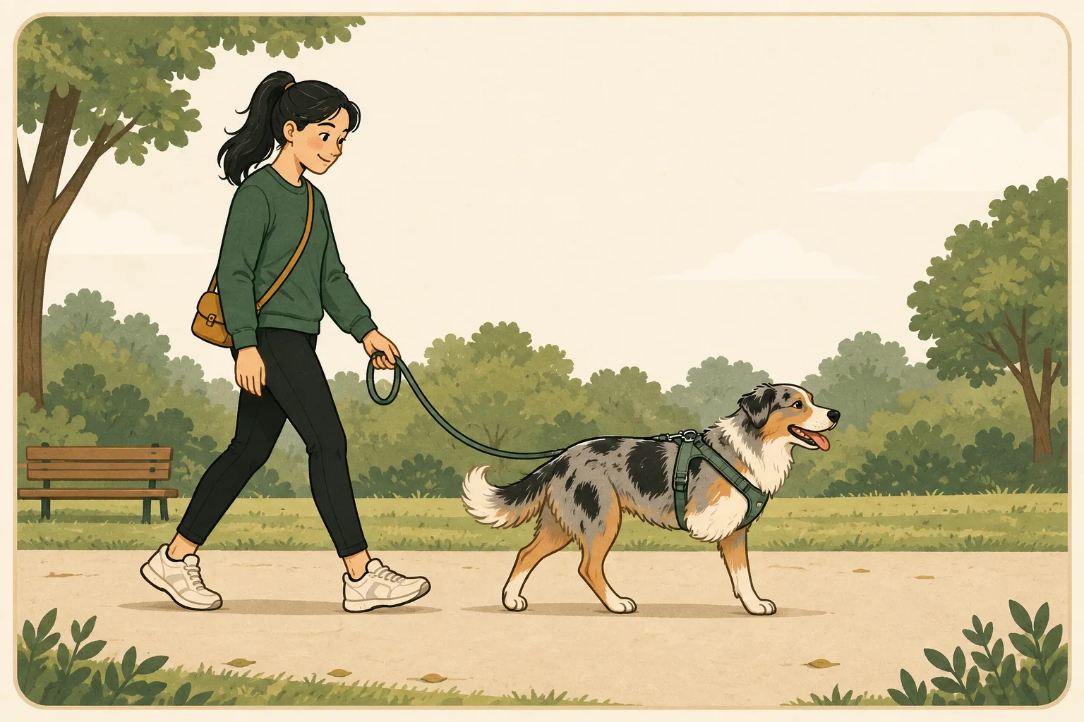 A merle dog with one front leg and two hind legs walks on a clear level park path beside a person holding a slack leash.