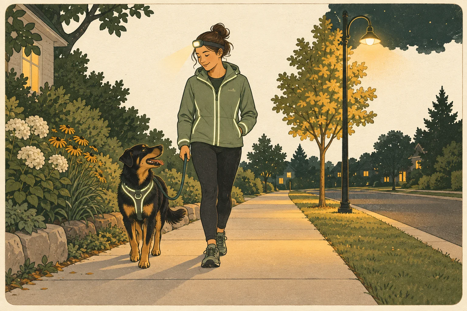An owner with a headlamp and a dog in a reflective harness walk on a well-lit sidewalk.