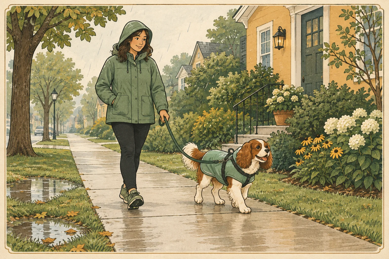 An owner and spaniel in raincoats walk on a clear sidewalk in light rain near home.