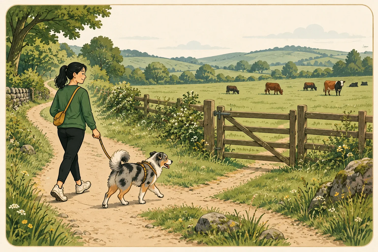 A walker and leashed dog take a path away from a closed pasture gate, with cattle far behind a fence in the meadow.