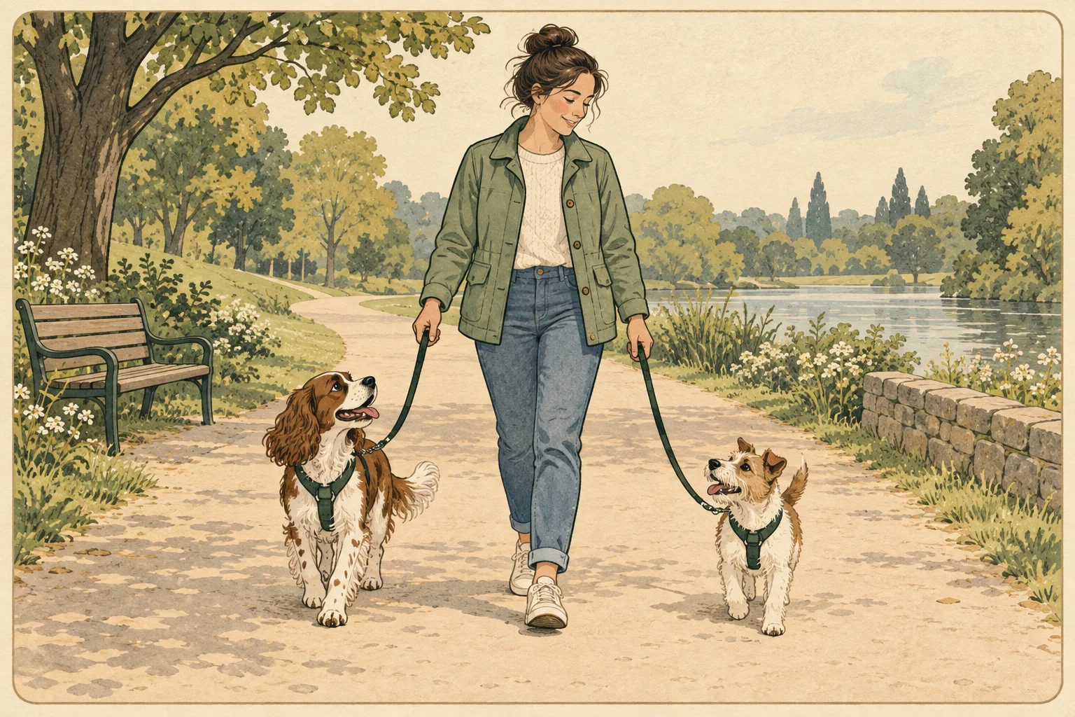 An owner walks a spaniel and a smaller terrier on separate slack leads along a wide park path.