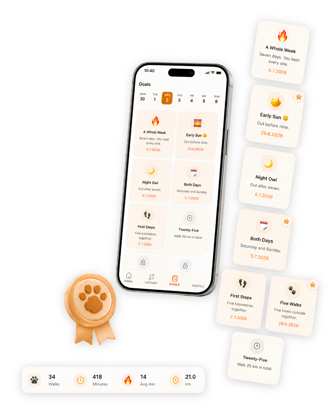 WalkBuddy goals gallery with milestone cards